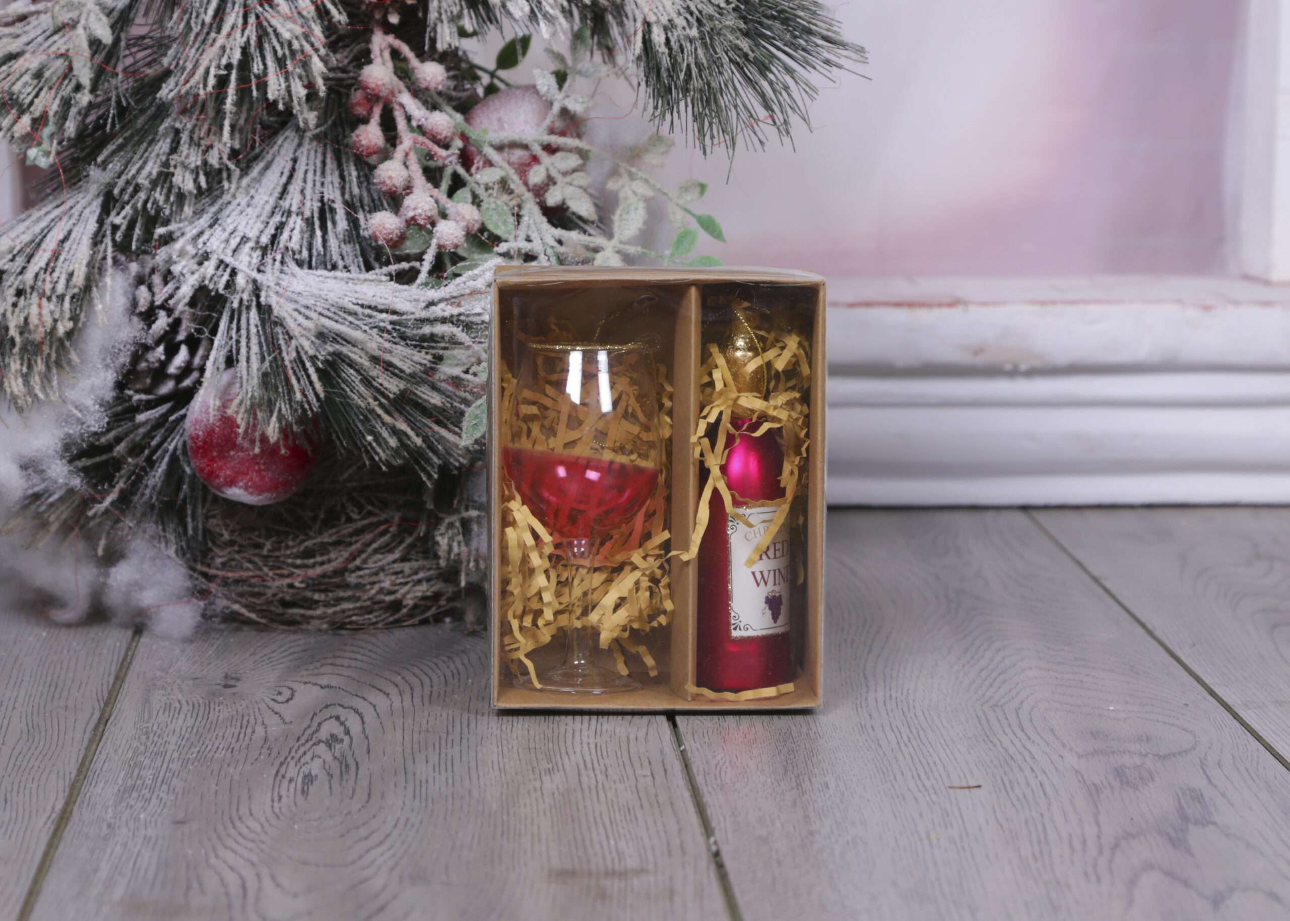 Christmas Ornament Wine Bottle and Glass - Hot Red